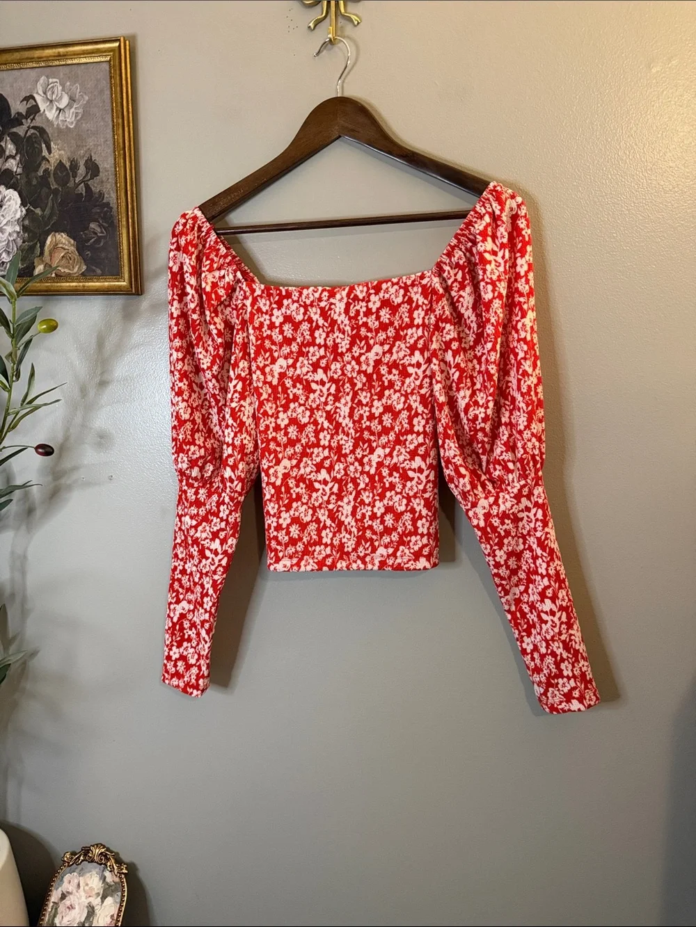 Anthropologie Red Floral Sweetheart Corset Crop Blouse XS Romantic Cottagecore - Picture 9 of 9